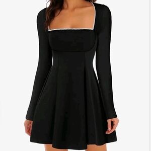 Square Neck Classic Black Long Sleeve Dress